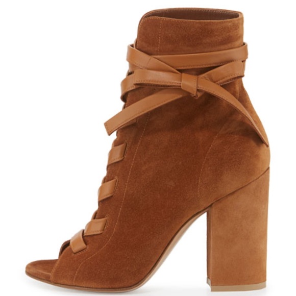 Gianvito Rossi Brooklyn Lace-Front Peep-Toe Suede Ankle Boot in size 37 - Picture 2 of 14